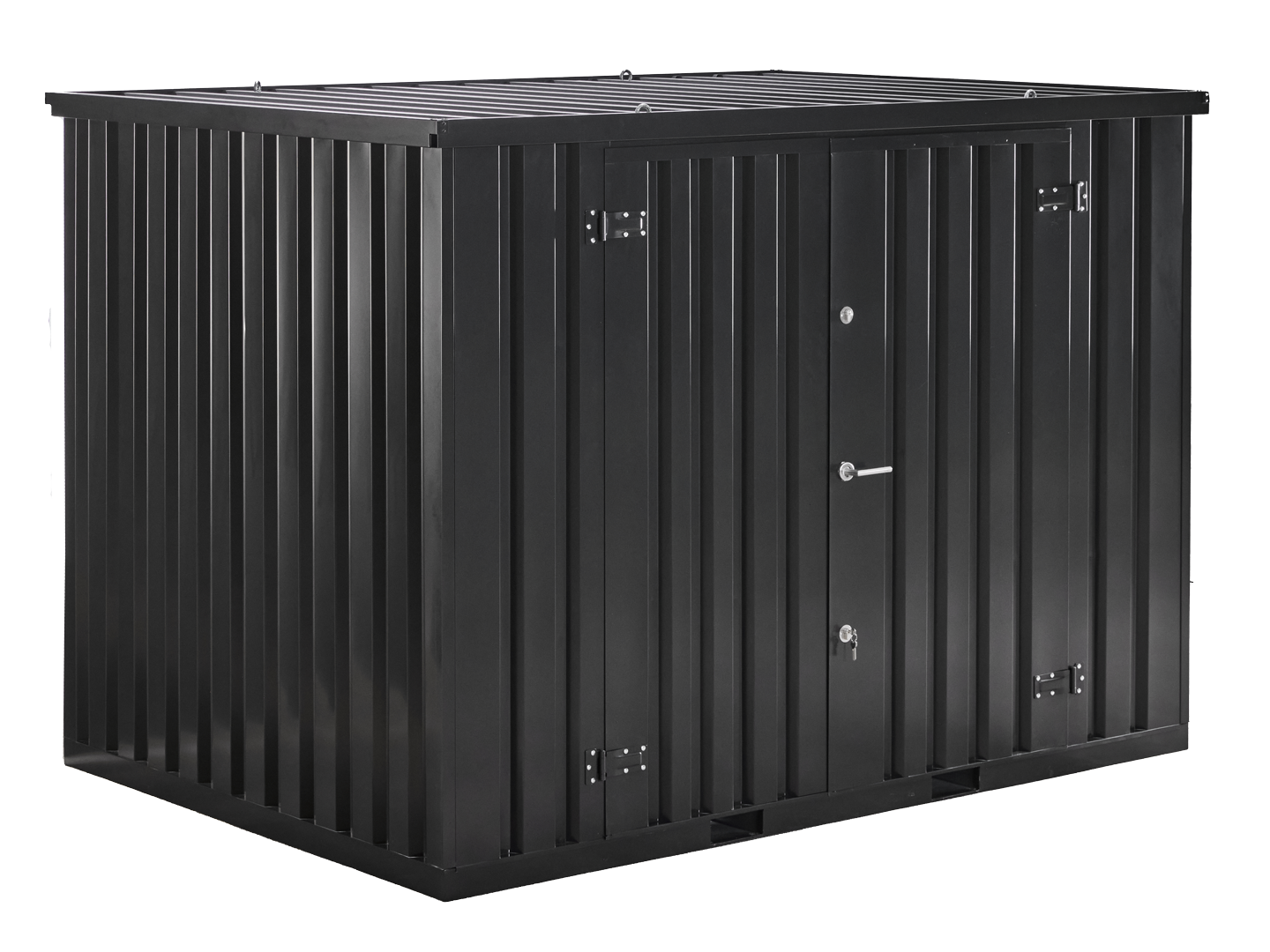 Secure flat pack storage container for gardens, sites and businesses